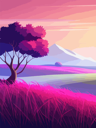 View of a green meadow on the hills with blue sky, vector cartoon spring or summer landscape, panoramic rural mountainのイラスト素材