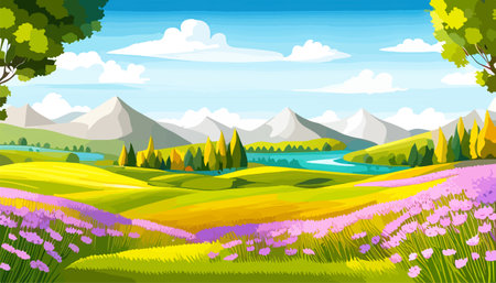 Nature and landscape. Vector illustration of trees, forest, mountains, flowers, plants, field. Picture for backgroundのイラスト素材