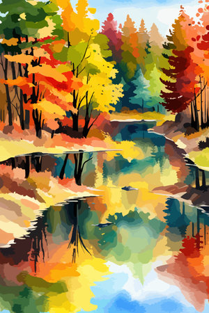 Watercolor landscape. Autumn forest on the lake shore vector illustration autumnal trees on the shore of calm forestのイラスト素材