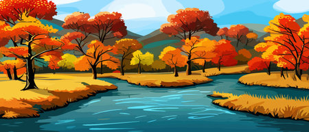 Autumn landscape with trees, mountains, fields, leaves. Rural landscape. Autumn background. Vector illustrationのイラスト素材