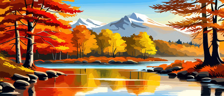 Autumn landscape with trees, mountains, fields, leaves. Rural landscape. Autumn background. Vector illustrationのイラスト素材