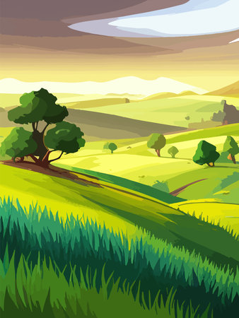 View of a green meadow on the hills with blue sky, vector cartoon spring or summer landscape, panoramic rural mountainのイラスト素材