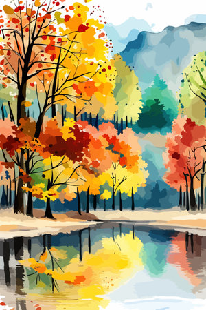 Watercolor landscape. Autumn forest on the lake shore vector illustration autumnal trees on the shore of calm forestのイラスト素材