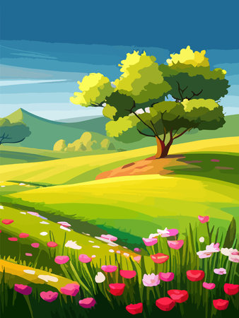 View of a green meadow on the hills with blue sky, vector cartoon spring or summer landscape, panoramic rural mountainのイラスト素材