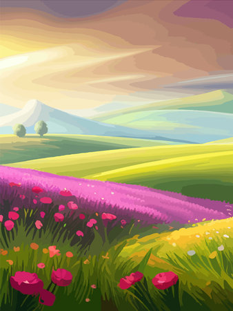 View of a green meadow on the hills with blue sky, vector cartoon spring or summer landscape, panoramic rural mountainのイラスト素材