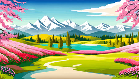 Nature and landscape. Vector illustration of trees, forest, mountains, flowers, plants, field. Picture for backgroundのイラスト素材