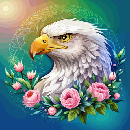Stunning illustration of an eagle with a floral ornament. Multicolored surreal elements. close-up vector illustration.のイラスト素材