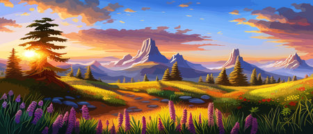 Beautiful enchanted landscape. Fantasy garden background. Magic meadow with spring blooming trees. Round frameのイラスト素材