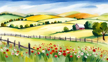Farm scene with red barn dirt road and farm with red barn wildflowers, spring landscape. Vector illustration Farmのイラスト素材