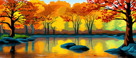 Autumn landscape with trees, mountains, fields, leaves. Rural landscape. Autumn background. Vector illustrationのイラスト素材