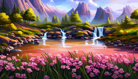 Vector illustration of a landscape with a field of blooming bright flowers, distant misty mountains on the horizonのイラスト素材
