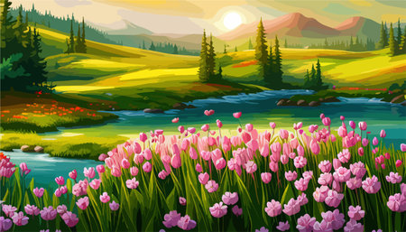 Vector illustration of a landscape with a field of blooming bright flowers, distant misty mountains on the horizonのイラスト素材