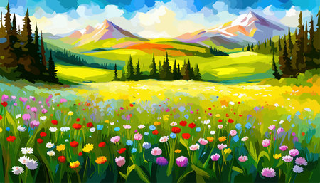Oil painting wild flowers, cornflower, chamomile fields.のイラスト素材