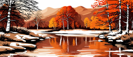 Autumn landscape with trees, mountains, fields, leaves. Rural landscape. Autumn background. Vector illustrationのイラスト素材