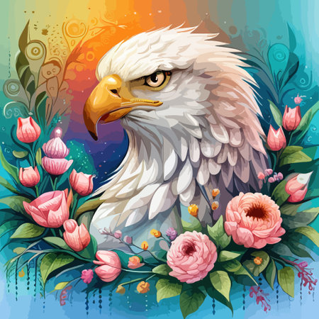 Stunning illustration of an eagle with a floral ornament. Multicolored surreal elements. close-up vector illustration.のイラスト素材