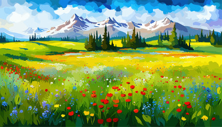 Oil painting wild flowers, cornflower, chamomile fields.のイラスト素材