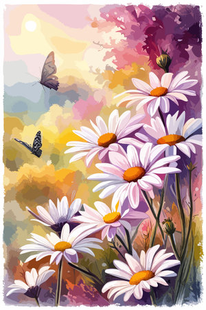 Field spring wildflowers chamomile close-up with flying butterflies, illuminated in the morning, vector illustrationのイラスト素材