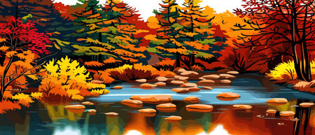 Autumn landscape with trees, mountains, fields, leaves. Rural landscape. Autumn background. Vector illustrationのイラスト素材