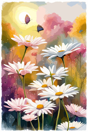 Field spring wildflowers chamomile close-up with flying butterflies, illuminated in the morning, vector illustrationのイラスト素材