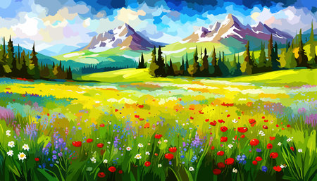 Oil painting wild flowers, cornflower, chamomile fields.のイラスト素材