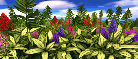 Beautiful enchanted landscape. Fantasy garden background. Magic meadow with spring blooming trees. Round frameのイラスト素材