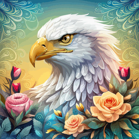 Stunning illustration of an eagle with a floral ornament. Multicolored surreal elements. close-up vector illustration.のイラスト素材