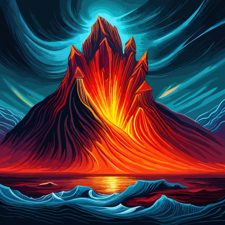 Volcano crater eruption with red-hot glowing magma, active volcanic explosion with lava, splashes, rocks, flashesのイラスト素材