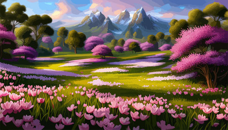 Vector illustration of a landscape with a field of blooming bright flowers, distant misty mountains on the horizonのイラスト素材
