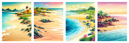 Top view of the summer sea beach. Top view of the ocean beach with soft waves. Beautiful background with shellsのイラスト素材