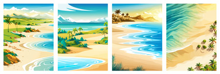 Top view of the summer sea beach. Top view of the ocean beach with soft waves. Beautiful background with shellsのイラスト素材