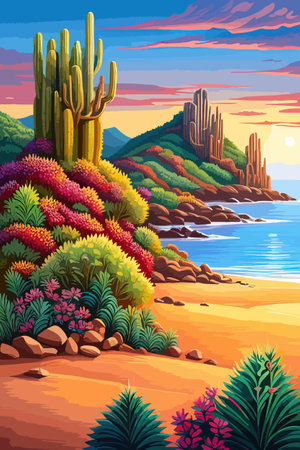 Cactus garden with a variety of succulents, cacti and other desert plants, with a blooming desert roseのイラスト素材