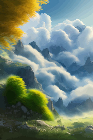 Flat natural view of green plants, flowers and mountains. spring landscape. spring landscape in green field colorfulのイラスト素材