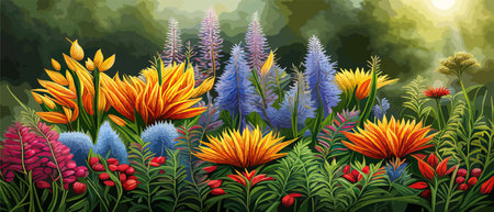 Beautiful enchanted landscape. Fantasy garden background. Magic meadow with spring blooming trees. Round frameのイラスト素材
