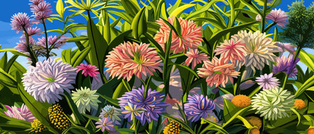 Beautiful enchanted landscape. Fantasy garden background. Magic meadow with spring blooming trees. Round frameのイラスト素材