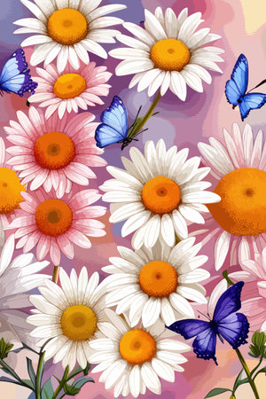 Field spring wildflowers chamomile close-up with flying butterflies, illuminated in the morning, vector illustrationのイラスト素材
