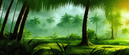 Tropical vintage botanical landscape, palm tree, vegetable flower border background. Exotic green jungle backgroundのイラスト素材