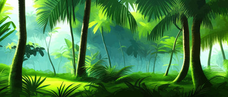 Tropical vintage botanical landscape, palm tree, vegetable flower border background. Exotic green jungle backgroundのイラスト素材
