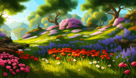 Vector illustration of a landscape with a field of blooming bright flowers, distant misty mountains on the horizonのイラスト素材