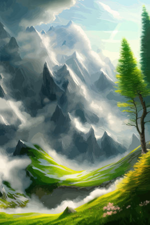 Flat natural view of green plants, flowers and mountains. spring landscape. spring landscape in green field colorfulのイラスト素材