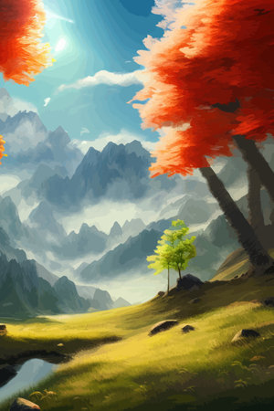 Flat natural view of green plants, flowers and mountains. spring landscape. spring landscape in green field colorfulのイラスト素材