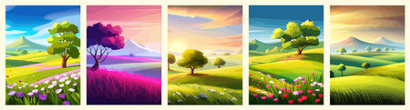View of a green meadow on the hills with blue sky, vector cartoon spring or summer landscape, panoramic rural mountainのイラスト素材