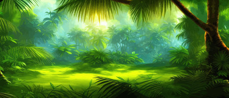 Tropical vintage botanical landscape, palm tree, vegetable flower border background. Exotic green jungle backgroundのイラスト素材