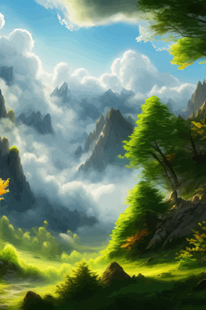Flat natural view of green plants, flowers and mountains. spring landscape. spring landscape in green field colorfulのイラスト素材