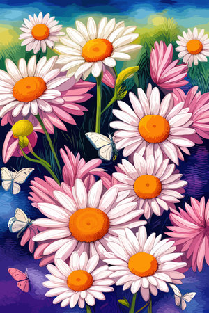 Field spring wildflowers chamomile close-up with flying butterflies, illuminated in the morning, vector illustrationのイラスト素材