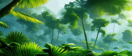 Tropical vintage botanical landscape, palm tree, vegetable flower border background. Exotic green jungle backgroundのイラスト素材