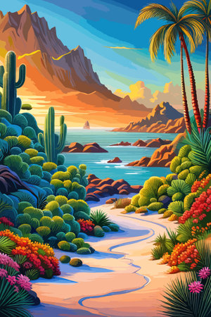 Cactus garden with a variety of succulents, cacti and other desert plants, with a blooming desert roseのイラスト素材