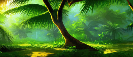 Tropical vintage botanical landscape, palm tree, vegetable flower border background. Exotic green jungle backgroundのイラスト素材