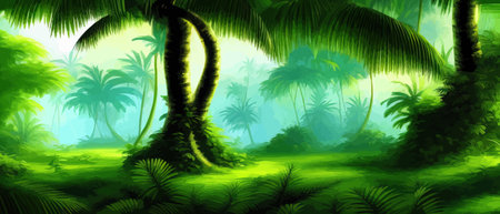Tropical vintage botanical landscape, palm tree, vegetable flower border background. Exotic green jungle backgroundのイラスト素材