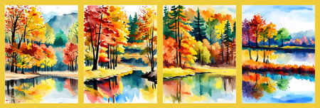 Watercolor landscape. Autumn forest on the lake shore vector illustration autumnal trees on the shore of calm forestのイラスト素材