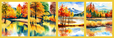 Watercolor landscape. Autumn forest on the lake shore vector illustration autumnal trees on the shore of calm forestのイラスト素材
